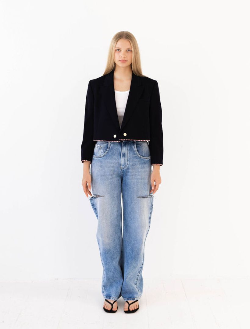 Navy Reworked Blazer with Red and White Striped Piping and Pearl