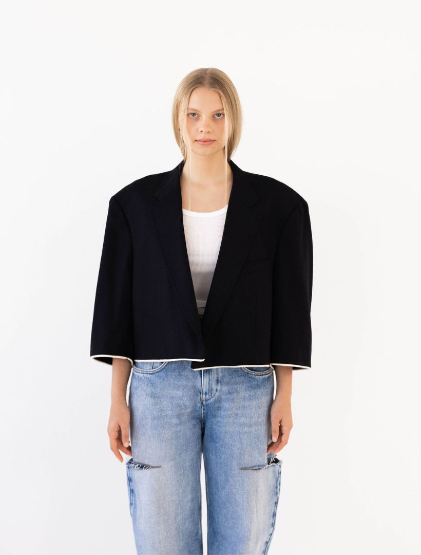 Navy Herringbone Reworked Blazer with Piping Detail
