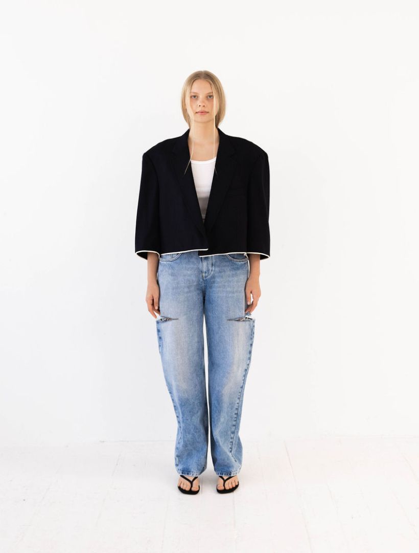 Navy Herringbone Reworked Blazer with Piping Detail