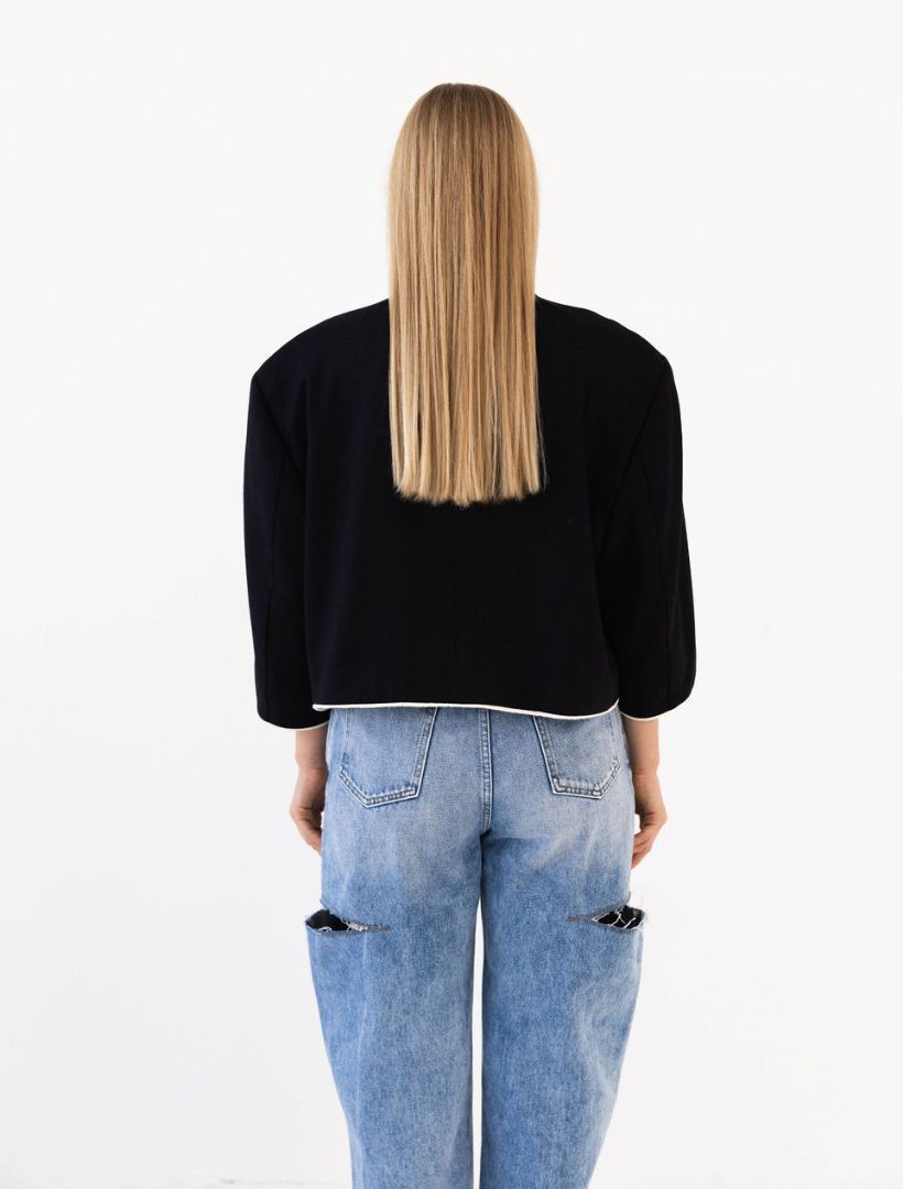 Navy Herringbone Reworked Blazer with Piping Detail