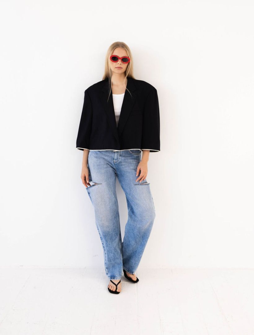 Navy Herringbone Reworked Blazer with Piping Detail