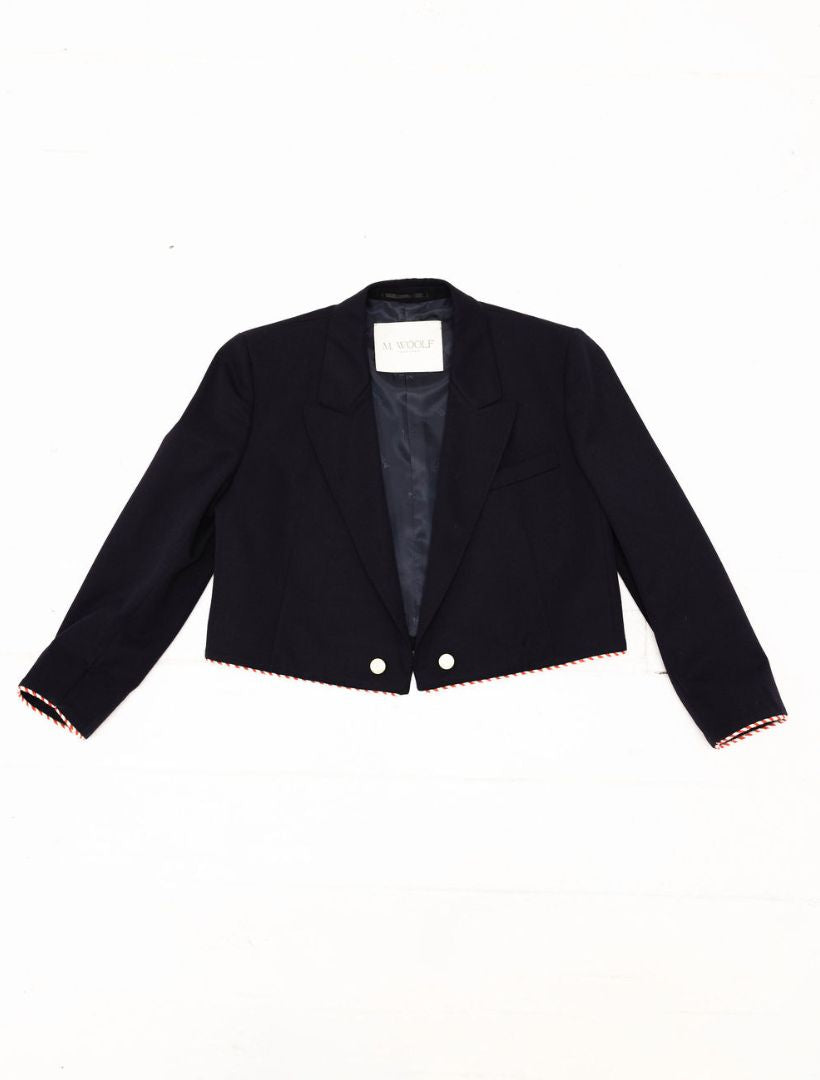 Navy Reworked Blazer with Red and White Striped Piping and Pearl Buttons