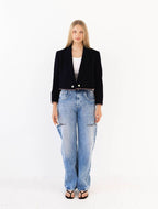 Navy Reworked Blazer with Red and White Striped Piping and Pearl Buttons