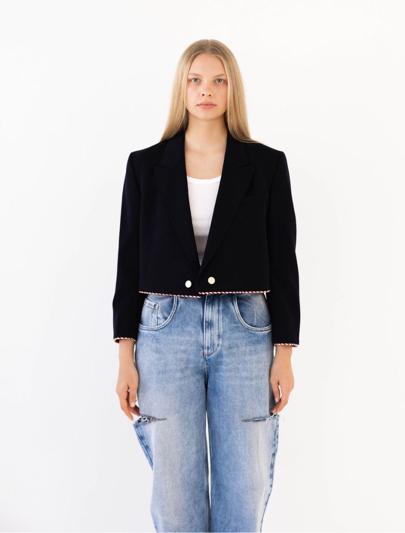 Navy Reworked Blazer with Red and White Striped Piping and Pearl Buttons