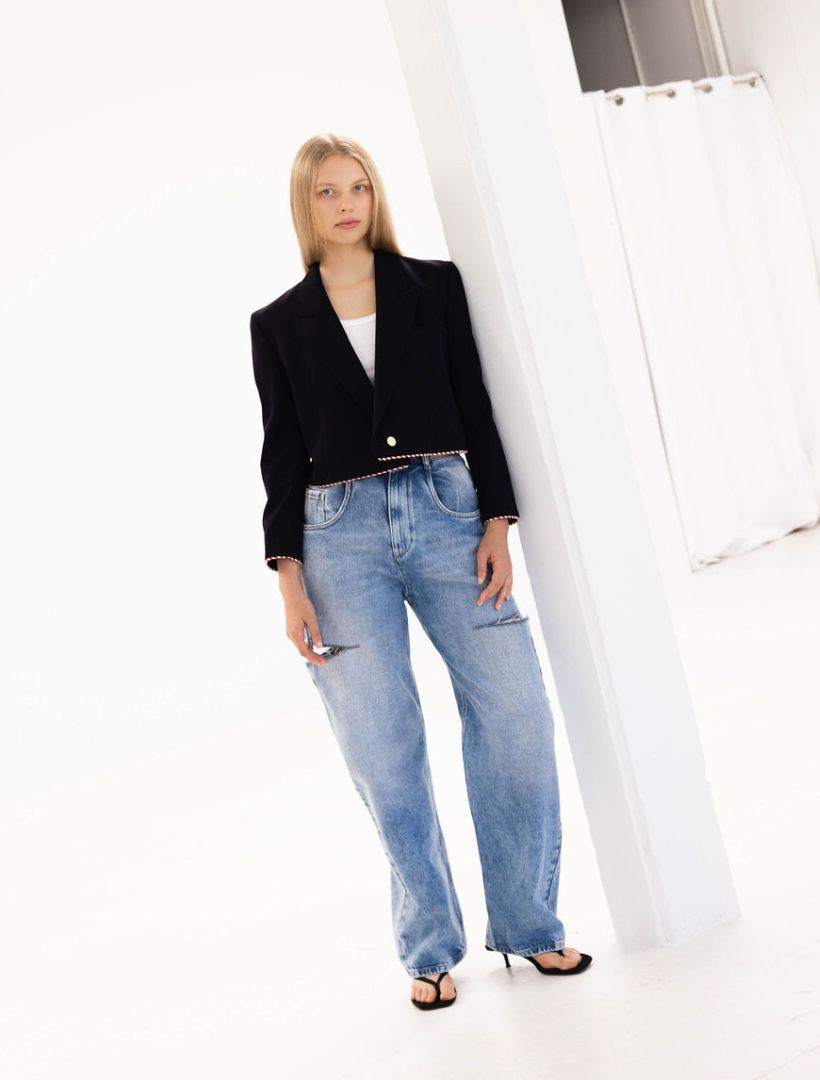 Navy Reworked Blazer with Red and White Striped Piping and Pearl Buttons