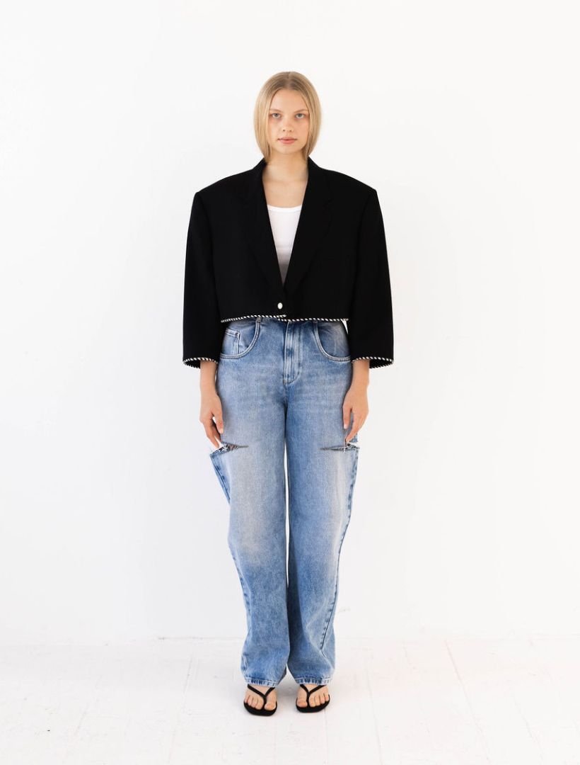 Black Reworked Blazer with Black and White Striped Piping Detail