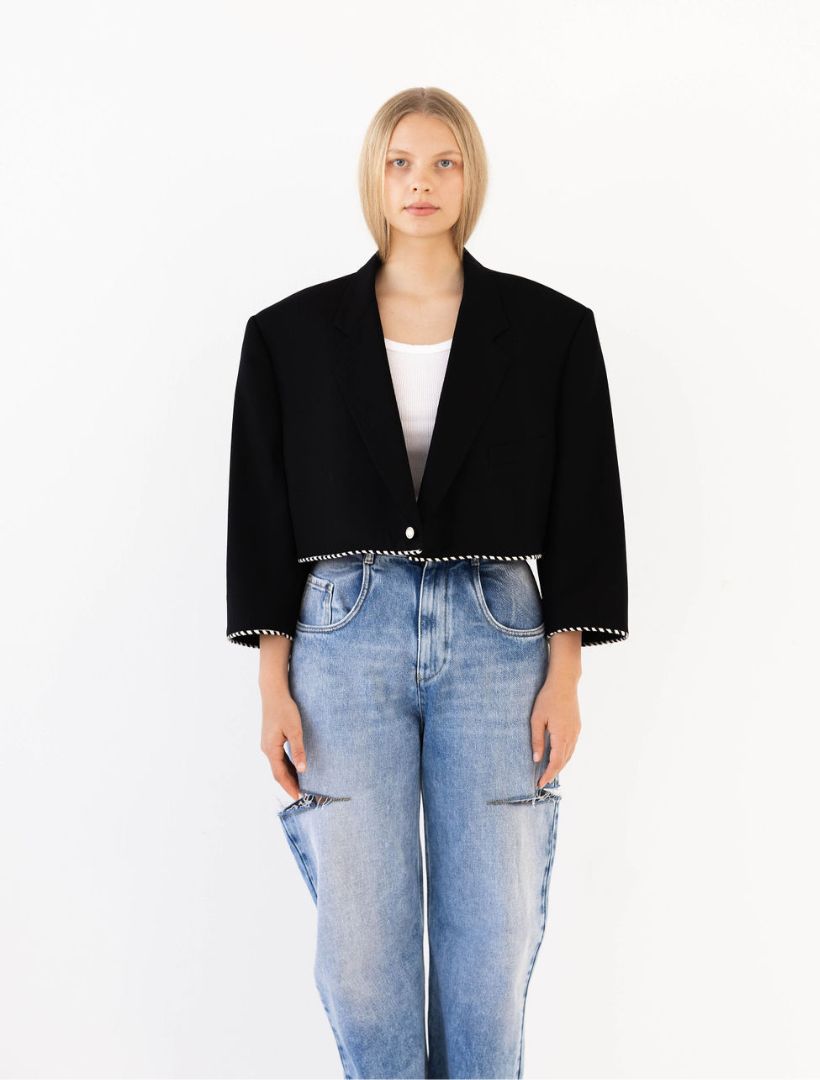 Black Reworked Blazer with Black and White Striped Piping Detail