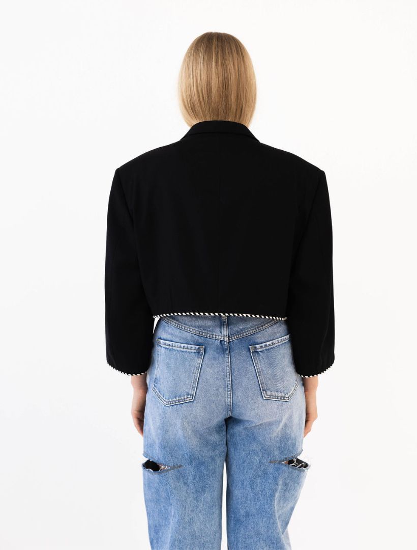 Black Reworked Blazer with Black and White Striped Piping Detail