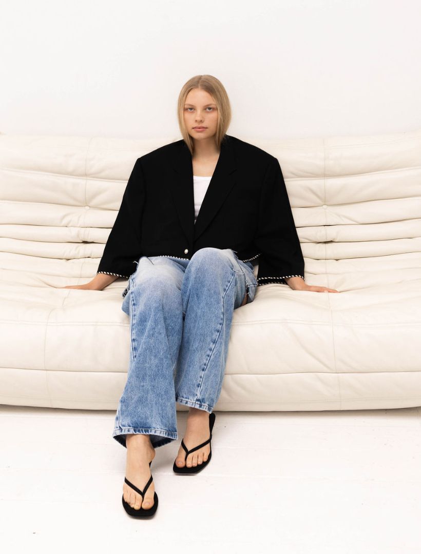 Black Reworked Blazer with Black and White Striped Piping Detail