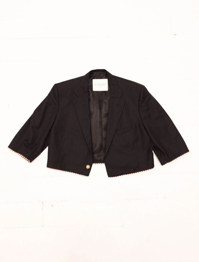 Navy Reworked Blazer with Red and White Striped Piping and Gold Button