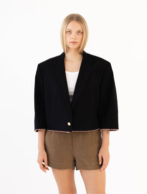 Navy Reworked Blazer with Red and White Striped Piping and Gold Button