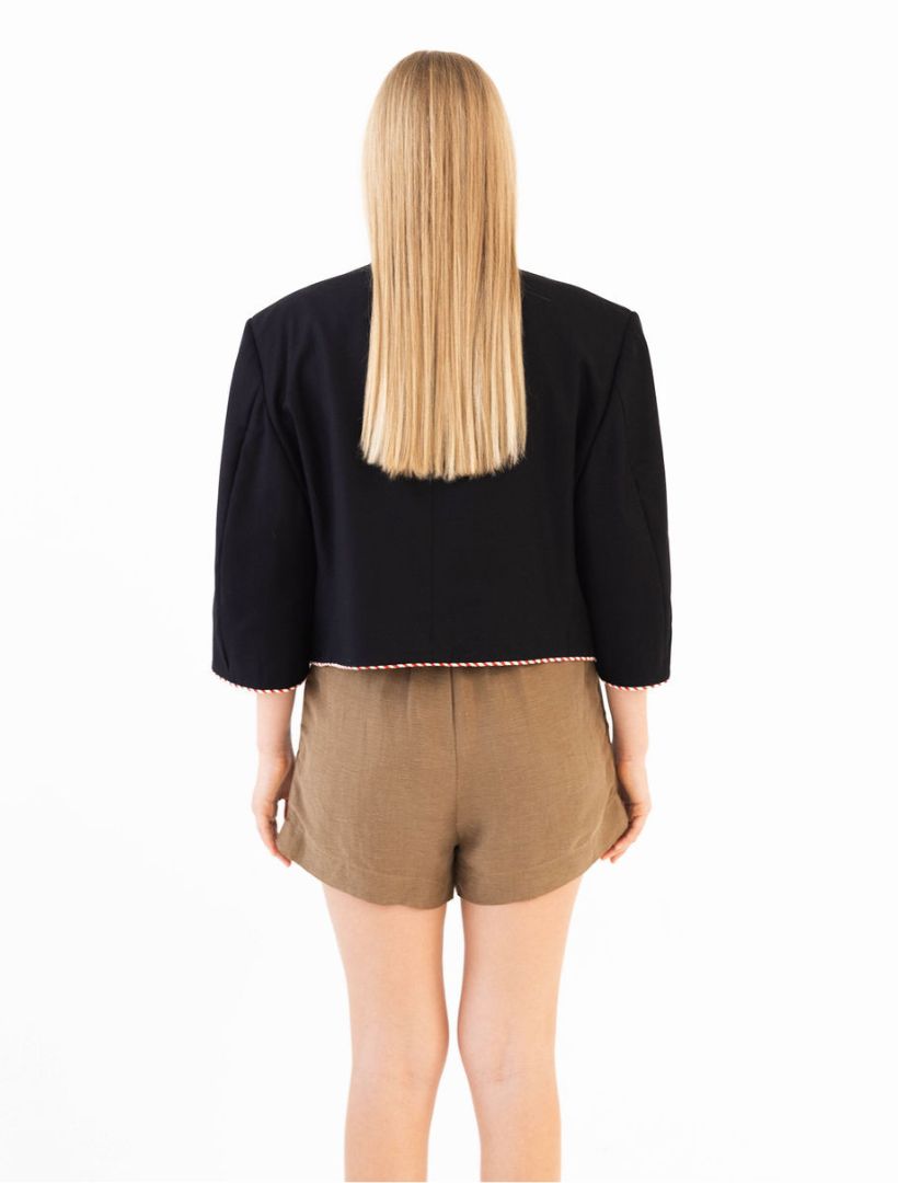 Navy Reworked Blazer with Red and White Striped Piping and Gold Button