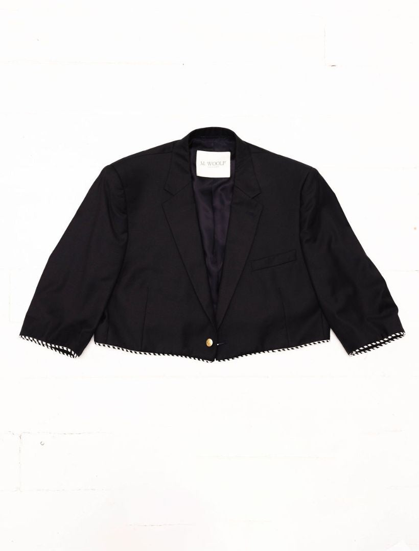 Navy Reworked Blazer with Black and White Striped Piping Detail