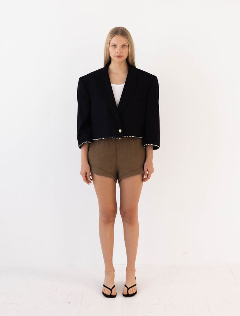 Navy Reworked Blazer with Black and White Striped Piping Detail