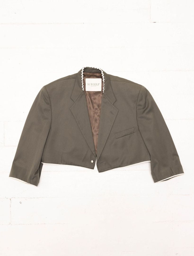 Olive Green Reworked Blazer with Cream Piping Detail