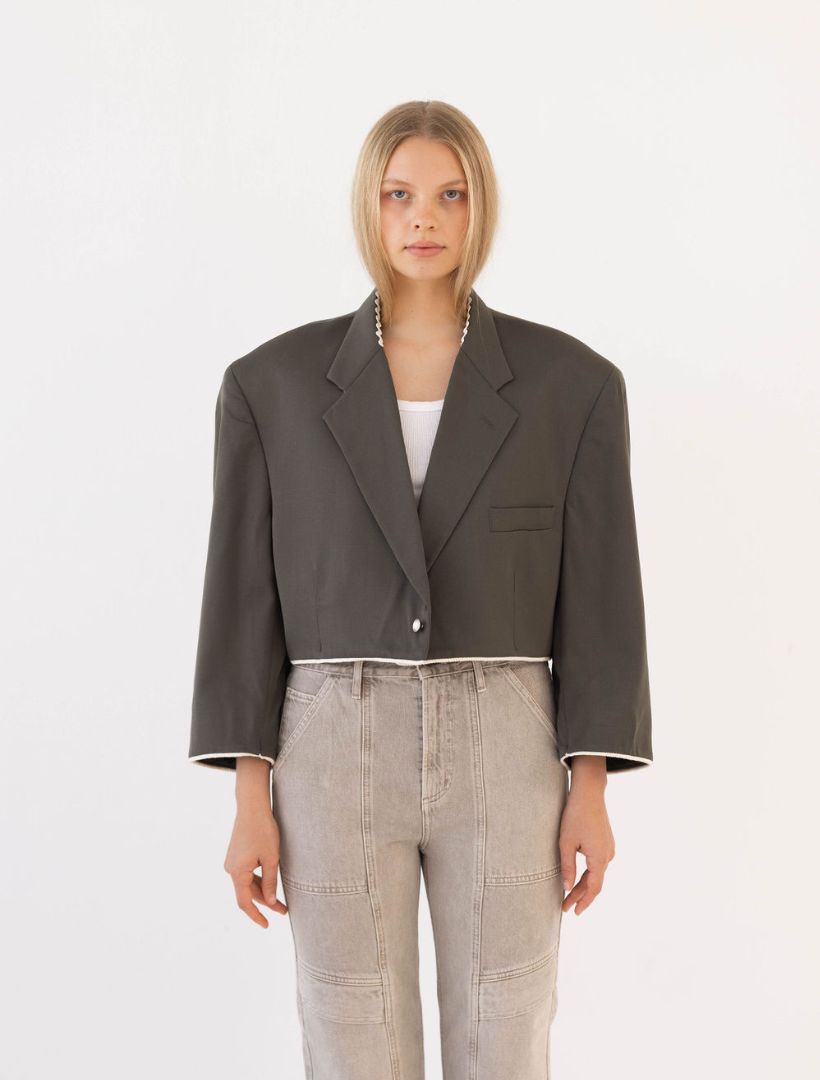 Olive Green Reworked Blazer with Cream Piping Detail