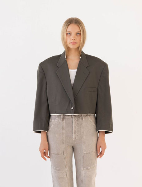 Olive Green Reworked Blazer with Cream Piping Detail – WOOLF