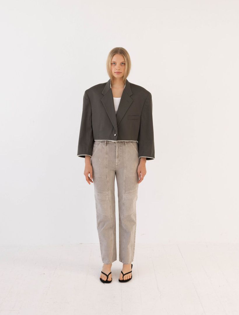 Olive Green Reworked Blazer with Cream Piping Detail