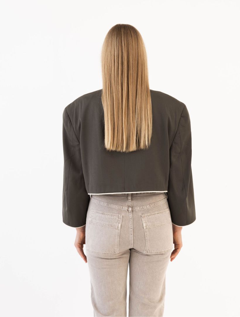 Olive Green Reworked Blazer with Cream Piping Detail