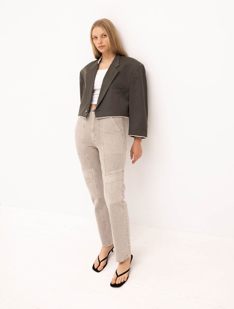 Olive Green Reworked Blazer with Cream Piping Detail