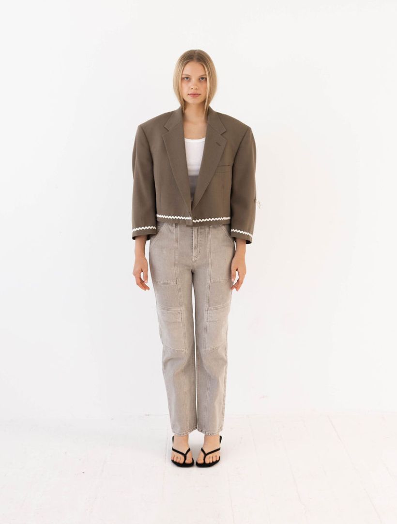 Khaki Reworked Blazer with Ric Rac Trim
