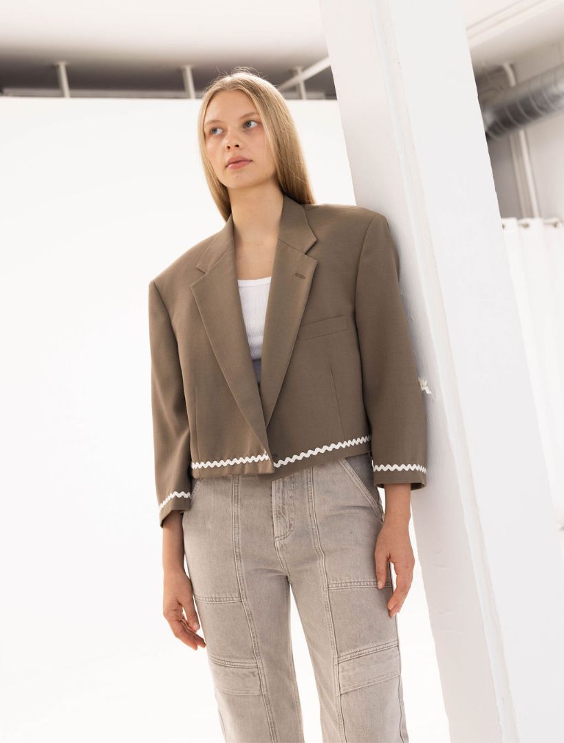 Khaki Reworked Blazer with Ric Rac Trim