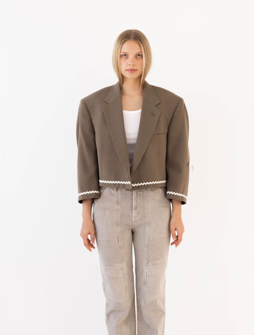 Khaki Reworked Blazer with Ric Rac Trim