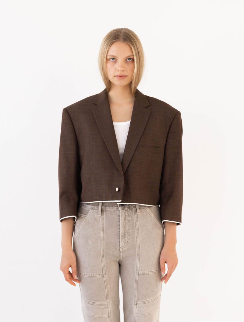 Brown Plaid Reworked Blazer with Cream Piping