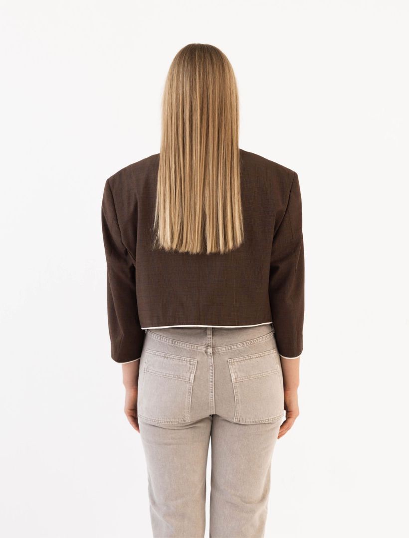 Brown Plaid Reworked Blazer with Cream Piping