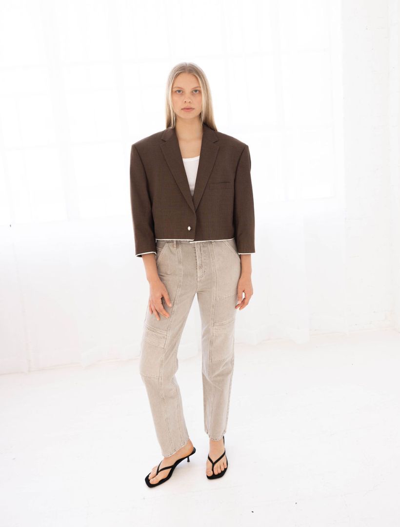 Brown Plaid Reworked Blazer with Cream Piping