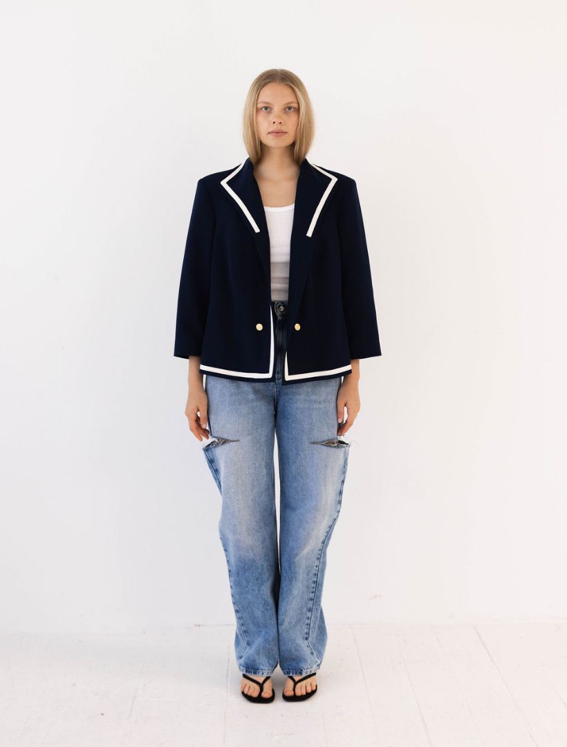 Royal Blue Reworked Blazer with Cream Detail