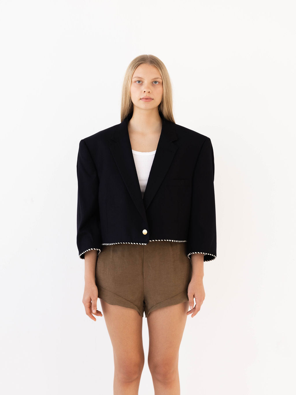 Navy Reworked Blazer with Black and White Striped Piping Detail